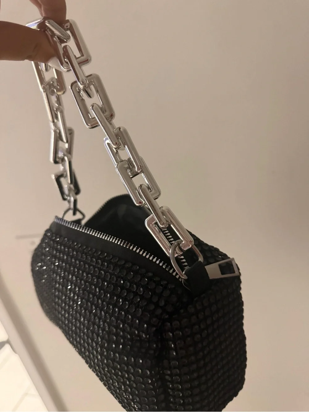 Black Rhinestone Wristlet with Chunky Silver Chain Handle
